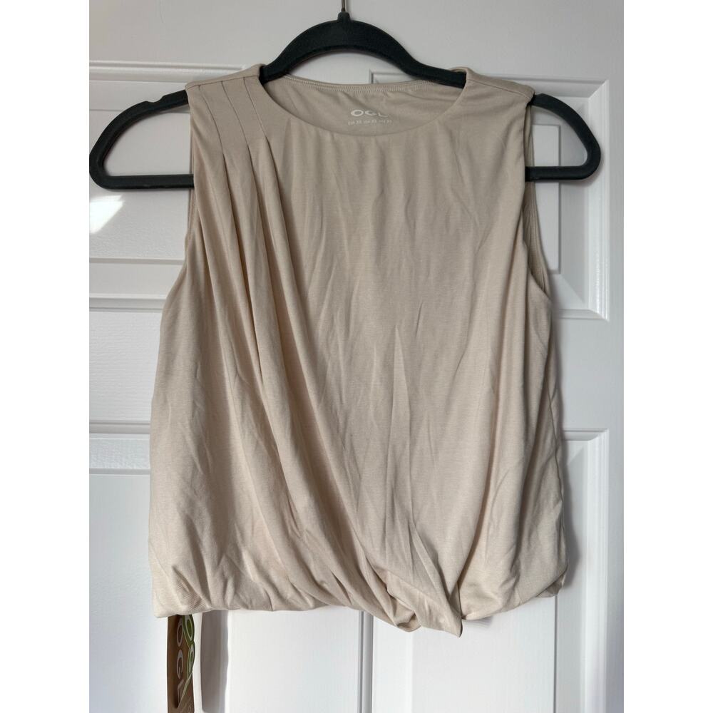 NWT OGL CoolTouch Boatneck Gathered Hem Cropped Bubble Top Fog Cream Tan XS $60 - Picture 6 of 8